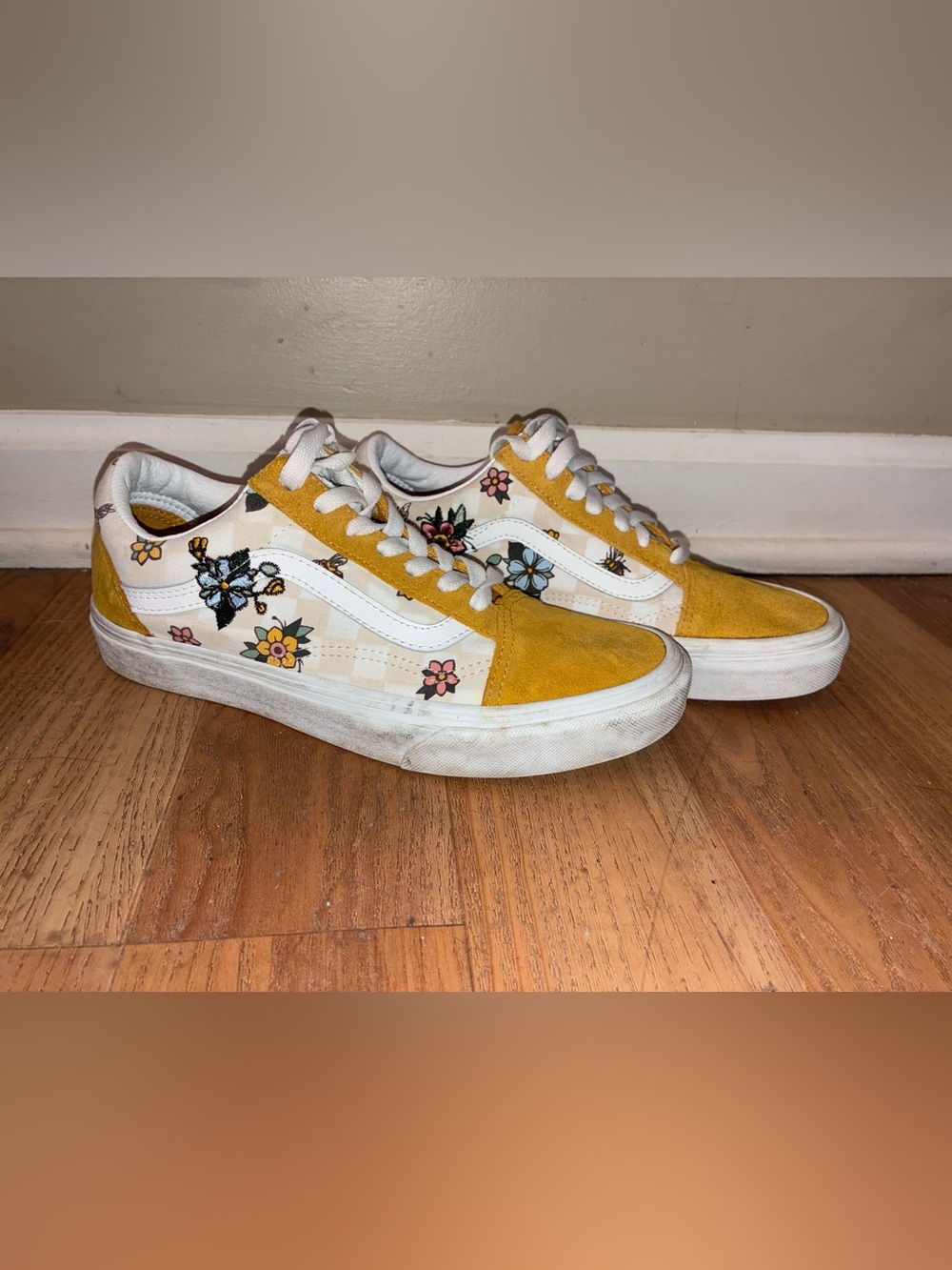 Vans Old Skool Floral Checkerboard Sneakers - Yellow Mustard & White - Picture 2 of 6